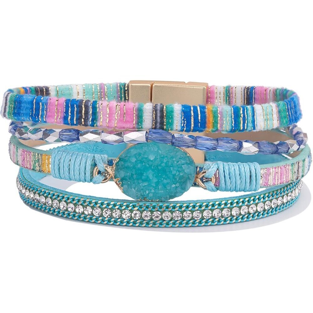 Leather Wrap Bracelet Boho Cuff Bangle Crystal Bead Multi Layer Jewelry